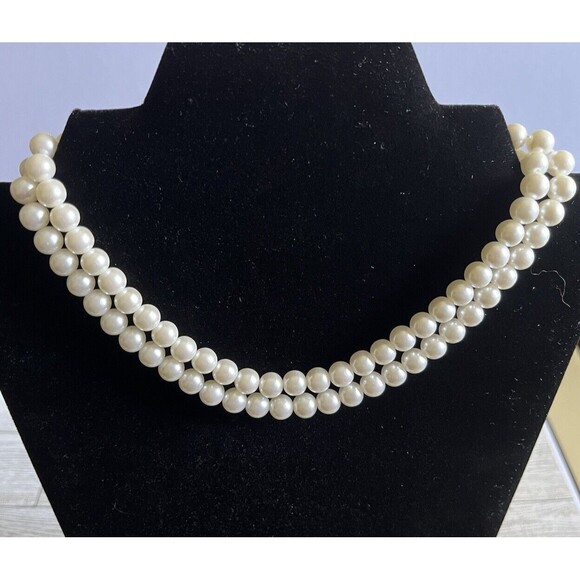 Vintage Napier Double Strand Faux Pearl Necklace Gold Tone Clasp 14" - Picture 1 of 6